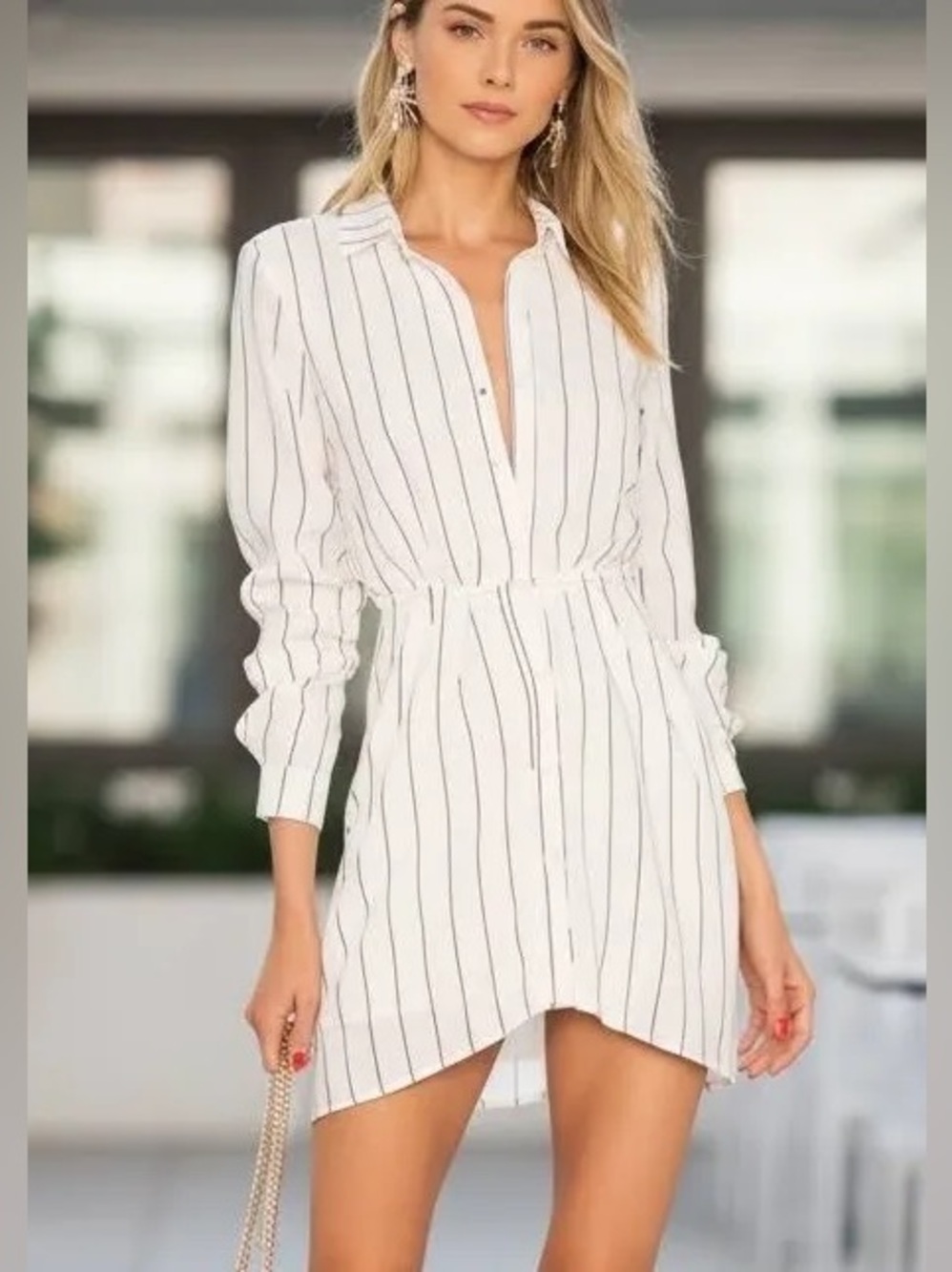 L'Academie Cream Long-Sleeve Pinstripe Shirt Dress